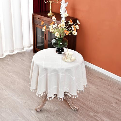 Plaid Round Tablecloth 48 Inch Cotton Linen Round Table Cloth - color: Off-white, size: 48" (Round)