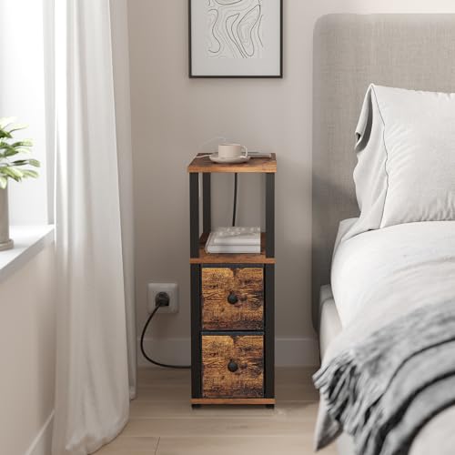 TUTOTAK Small Narrow End Tables, Side Tables with 2 Fabric Drawers, Set of 2, Bedside Tables with Charging Station for Small Spaces, Slim Nightstands with USB Ports and Wheels, TB01BB053C - color: Brown and Black, style: with Outlets