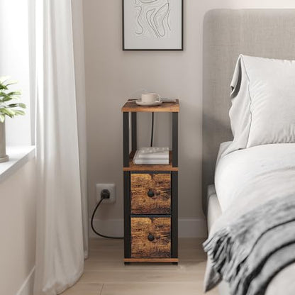 TUTOTAK Small Narrow End Tables, Side Tables with 2 Fabric Drawers, Set of 2, Bedside Tables with Charging Station for Small Spaces, Slim Nightstands with USB Ports and Wheels, TB01BB053C - color: Brown and Black, style: with Outlets