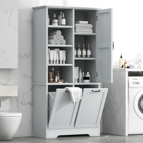 Tall Storage Cabinet, Bathroom Floor Freestanding Storage Cabinet with Doors, Open Shelves, Adjustable Shelf, Drawers, and Tilt-Out Laundry Hamper for Bathroom, Office, Living Room, Gray - color: Grey
