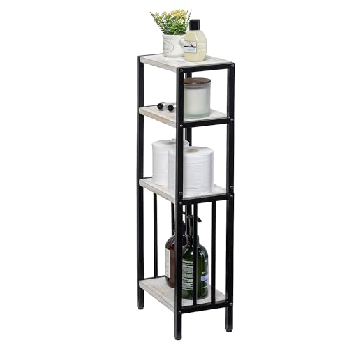 MyGift 4 Tier Shabby White Washed Solid Wood and Matte Black Metal Bathroom Floor Standing Shelf, Decorative Rectangular Bath Supplies Storage Shelving Stand