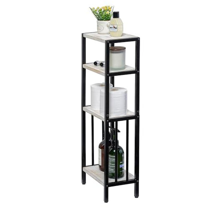 MyGift 4 Tier Shabby White Washed Solid Wood and Matte Black Metal Bathroom Floor Standing Shelf, Decorative Rectangular Bath Supplies Storage Shelving Stand