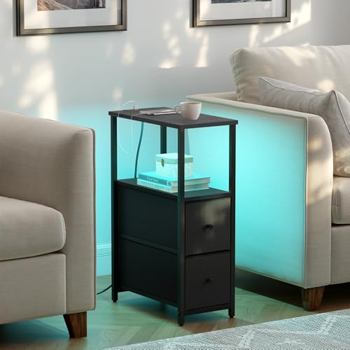 TUTOTAK Small Narrow LED End Table with Charging Station, Side Table Outlets, Nightstand with 2 Cloth Drawers, Set of 2, Couch Table, for Living Room, Bedroom, Bedside, Black TB01BK056 - color: Black, style: 2 Drawers with Plug & Light