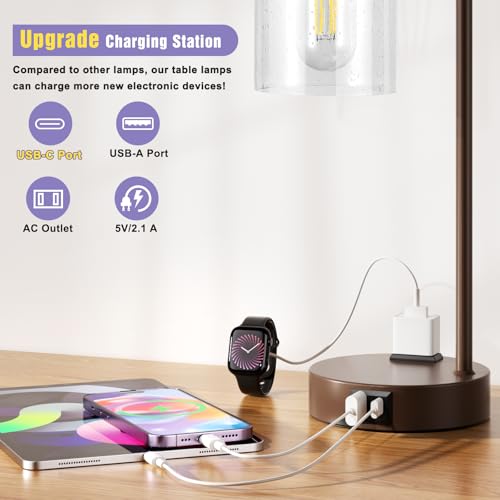 Innqoo Industrial Touch Table Lamps - 3-Way Dimmable Desk Lamps Set of 2 with USB C+A Ports and Outlet, Brown Bedside Lamps with Clear Glass Shade for Living & Bedrooms - color: H-Brown Base&Seeded Clear Glass