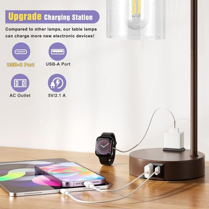 Innqoo Industrial Touch Table Lamps - 3-Way Dimmable Desk Lamps Set of 2 with USB C+A Ports and Outlet, Brown Bedside Lamps with Clear Glass Shade for Living & Bedrooms - color: H-Brown Base&Seeded Clear Glass