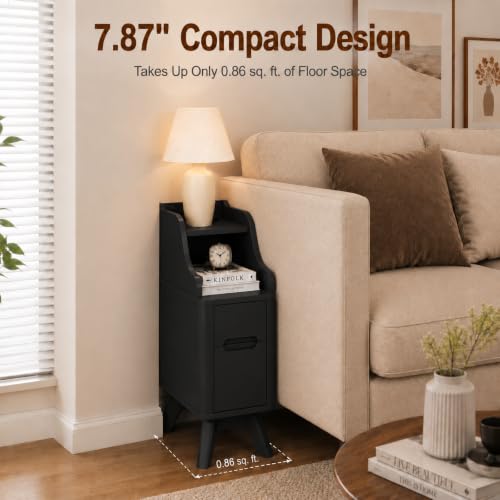 7.87" Narrow Nightstand Set of 2, 2 Drawer Nightstand with Charger Station | Wooden Thin Couch Side End Table, Skinny Bedside Table Small Spaces, Mid Century Modern Night Stand with Drawers, Black-2Pcs - color: Black, size: Narrow (2 drawer)