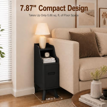 7.87" Narrow Nightstand Set of 2, 2 Drawer Nightstand with Charger Station | Wooden Thin Couch Side End Table, Skinny Bedside Table Small Spaces, Mid Century Modern Night Stand with Drawers, Black-2Pcs - color: Black, size: Narrow (2 drawer)