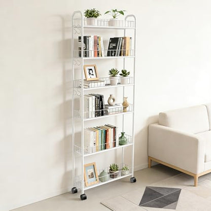 Slim Rolling Storage Cart with Wheels, 6in 6 Tier White | Narrow Space Shelving Unit, Metal Wire Mobile Organizer Rack for Kitchen Bathroom Office Laundry - size: 6in White Cart