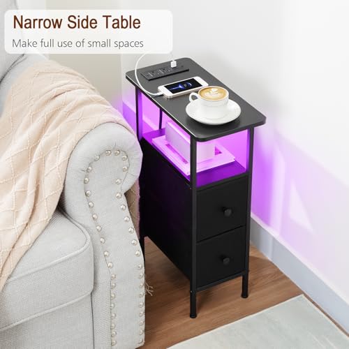 LOAKEKEL Narrow Nightstand with Charging Station, End Tables Living Room Set of 2, Skinny Side Table with Fabric Drawers, Small Sofa Table with LED Light for Bedroom, Black, HETNDP02LBK - color: Black, style: Power + Light