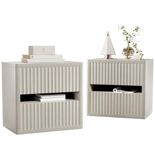 Dripex Fluted Nightstand Set of 2, 22'' Wide Night Stand with 2 Large Drawers, Mid Century Modern Wood Bedside Table with Open Shelf, Large Bed Side End Table for Bedroom, Gray Oak - color: Gray Oak
