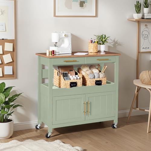 Best Choice Products 36in Large Rolling Kitchen Island Cart, 2-Door Cabinet, 2 Drawers, Pull-Out Shelf, Power Outlet, Hooks, & Swivel Lockable Wheels - Pistachio Green - style: Pistachio Green