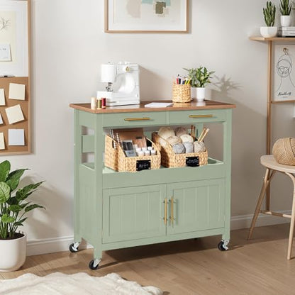 Best Choice Products 36in Large Rolling Kitchen Island Cart, 2-Door Cabinet, 2 Drawers, Pull-Out Shelf, Power Outlet, Hooks, & Swivel Lockable Wheels - Pistachio Green - style: Pistachio Green