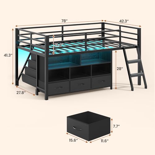 BTHFST Low Loft Bed Twin Size with 3 Storage Drawers, 3-Tier Kids Bookshelf, 5 Open Cubbies and 2 LED Lights Strips, Metal Kids Loft Bed with High Safety Guardrail, Inclined Ladder and Play Area - color: Black