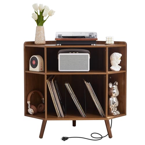 Corner Record Player Stand with Charging Station & USB Ports, 3 Tier Mid Century Modern Vinyl Record Storage Cabinet, Wood Turntable Stand for Music Room, Living Room, Small Space (Walnut) - color: Small,with Wood Grain,walnut