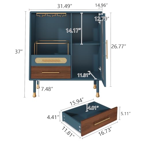 ARTPOWER Modern Coffee Bar Cabinet with Pull-Out Wine Storage, Blue | Bar Cart with Wine Glass Rack and Drawers, Liquor Cabinet for Kitchen, Dining Room, Living Room - color: Blue