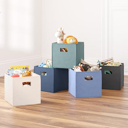 RiverRidge Folding Storage Bins - 2-pack of 10in Tall Slate Blue Cubes | Fabric Bins, Set of 2 Storage Cubes, Cut-out Handles, Playroom Closet Organizer, Collapsible Cubby with Bottom Board Insert - color: 2 Slate Blue 10in H Bins