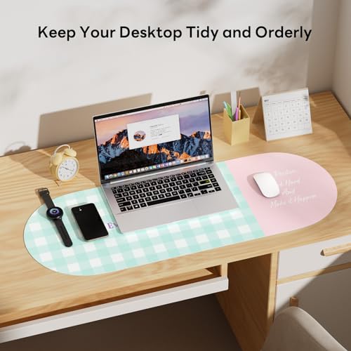 Checkered Pattern Desk Pad Protector, 35.5 x 13'' Aesthetic Mouse Mat for Desktop, Waterproof PU Leathe Non-Slip Desk Writing Pad for Office and Home, Blue-Green Pink - color: Blue-green Pink