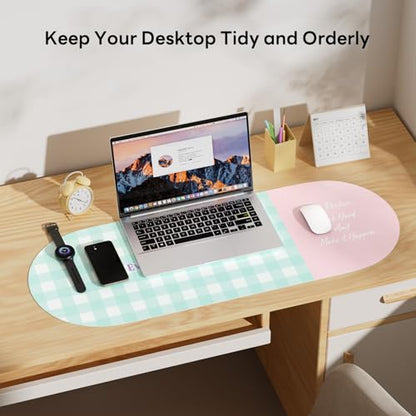 Checkered Pattern Desk Pad Protector, 35.5 x 13'' Aesthetic Mouse Mat for Desktop, Waterproof PU Leathe Non-Slip Desk Writing Pad for Office and Home, Blue-Green Pink - color: Blue-green Pink