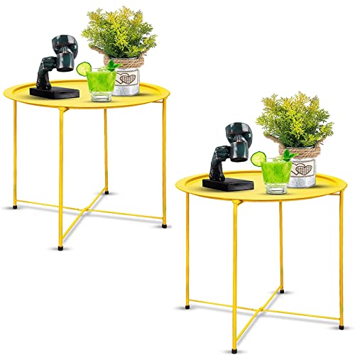 Garden 4 you End Table 2 PCS Metal Side Table Yellow Round Folding Tray Cyan Sofa Small Accent Fold-able Table, Round End Table Tray, Next to Sofa Table, Snack Table for Living Room and Bed Room - color: Yellow