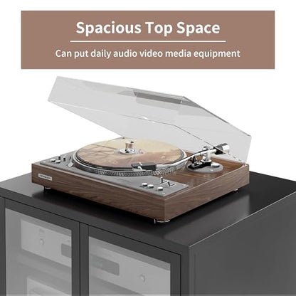 Heavy Duty 4-Tier Media Cabinet, Audio-Video Media Stand with Tempered Glass Doors, Metal Stereo Cabinets with 3 Adjustable Shelves, Storage Cabinet for Entertainment Stereo Component