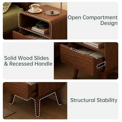Walnut Night Stand Set of 2, Solid Wood Nightstand with Drawer, Walnut Bedside Table, Mid Century Modern Nightstand, Small Bed Side Table for Small Spaces Bedroom(Dark Black Walnut, 20.47" H) - color: Dark Walnut, style: Drawer & Open Storage-2