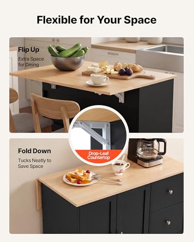 VEVOR Kitchen Island Cart with Storage, 42.4 in Wide Mobile Rolling Storage Island on Swivel Wheels, with 3 Drawers, Storage Cabinet, Drop Leaf, Towel Rack, Table for Home Dining Room, Black - size: 42.4" W (dropleaf)