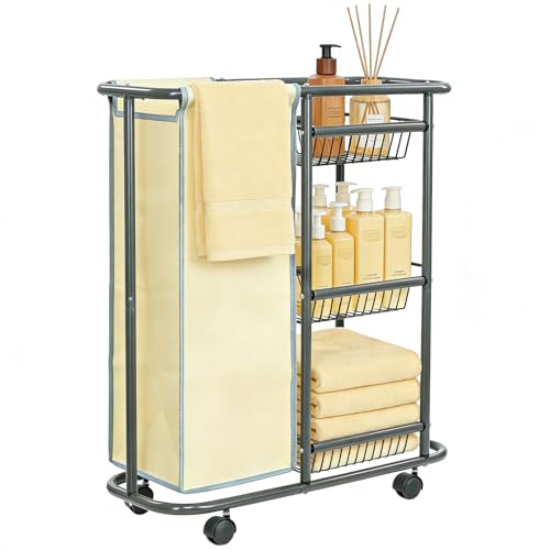 Narrow Laundry Cart with Wheels,3 Baskets and 45L Laundry Bag Metal Rolling Cart for Small Space,Laundry Room Organization and Storage for Bathroom Living Room Apartment Dorm