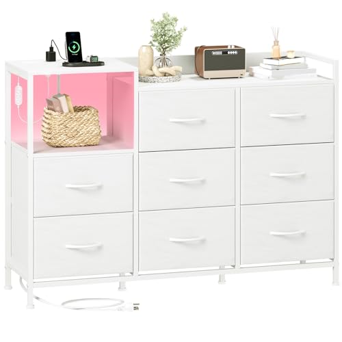 Somdot Dresser with Charging Station, Open Shelves & 8 Drawers for Bedroom | Wide Fabric Night Stand with Storage and Organization for Living Room and Entryway, White - color: White, size: 11.4"D x 39"W x 27.8"H (8 Drawers)