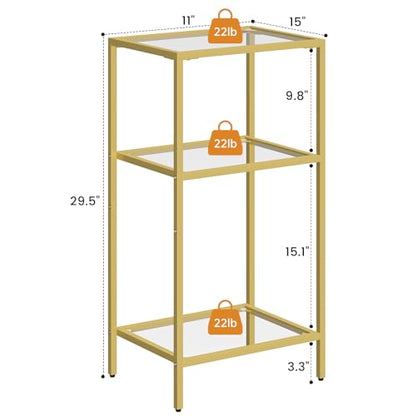 Gold Side Table with Tempered Glass,End Table with Storage Shelve | 3-Tier Small Gold Nightstand, Tall Table Stand for Home Decor, Living Room, Bedroom, Office, Gold - size: 1 Pack
