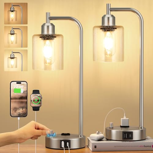 Industrial Table Lamps for Bedrooms Set of 2 - Fully Dimmable Bedside Lamps with USB A and C Ports and Outlet, Nickel Nightstand Lamps with Glass Shade for Living Room, Desk Lamps for Office Reading - color: Brushed Nickel