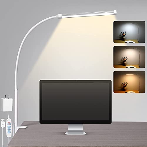 Voncerus LED Desk Lamp with Clamp, Eye-Caring Clip on Lights for Home Office, 3 Modes 10 Brightness, Long Flexible Goose-Neck, Metal, Swing Arm Architect Task Table Lamps with USB Adapter, White - color: S1 White and Silver