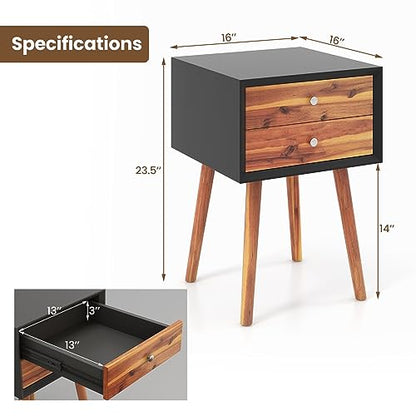 GOFLAME Nightstand with 2 Drawers, Small Wooden Side Table, Mid Century Modern Bedside Table with Storage, Compact End Table for Bedroom, Easy Assembly, Black & Natural - color: Black & Natural