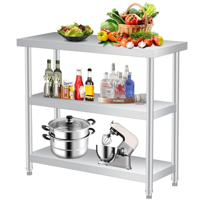 Stainless Steel Table, 14 x 36 x 34 in, 3-Tier Metal Prep Table with 2 Undershelf & Gloves, Commercial Kitchen Utility Workstation for Restaurant, Hotel, Laundry, Garage, Indoor, Outdoor, BBQ