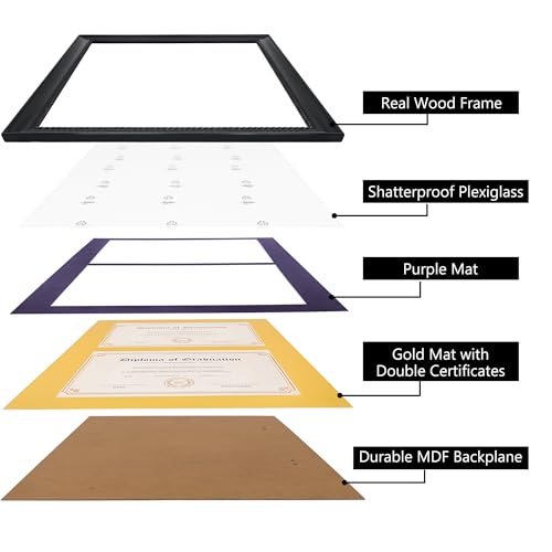 GMFrames Double 8.5x11 Diploma Certificate Frame, Solid Wood & Tempered Glass, Cherry Lacquer Finish & Intricate Rope Detail, Purple over Gold Mat - color: Black / Purple Gold Mat, size: 14x20 for Double 8.5x11