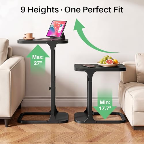 Kitstorack Height Adjustable End Table, Small Side Table for Couch, Sofa Table with Metal Frame for Living Room, Bedroom, Bedside C Shaped Table,Black - color: Black