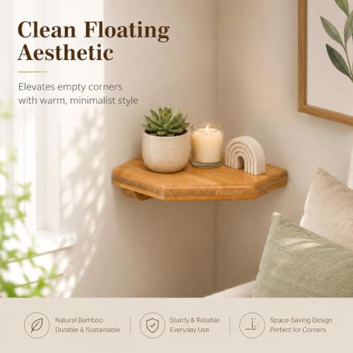 DECHOUS 5.5" Small Corner Shelf Wall Mounted, Natural Bamboo Floating Corner Shelves for Living Room, Wooden Round Rack for Security Camera & Plant