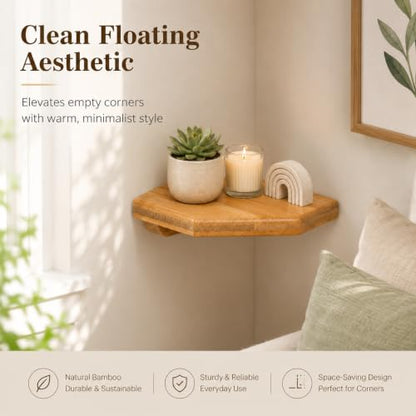 DECHOUS 5.5" Small Corner Shelf Wall Mounted, Natural Bamboo Floating Corner Shelves for Living Room, Wooden Round Rack for Security Camera & Plant