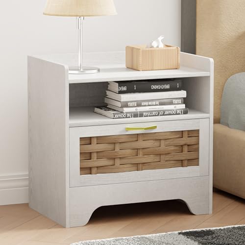 24" Rattan Nightstand, Boho Night Stand with Open Storage, White Bedside Table with Drawer, Bed Side End Table Dresser for Bedroom, Living Room, Hallway - color: Dc-white, size: 1 PCS