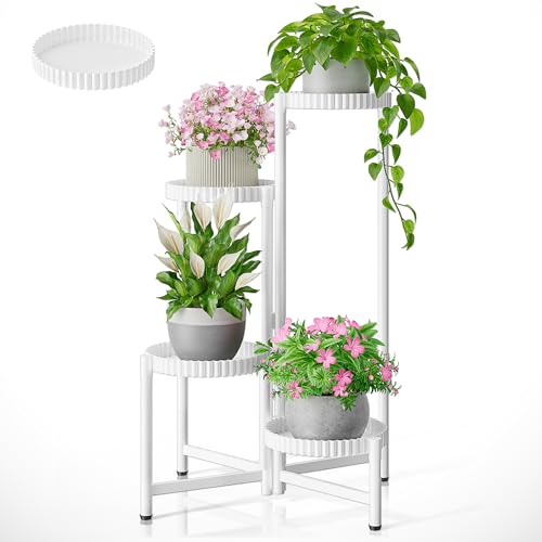Metal Corner Plant Stand Indoor Outdoor, 4 Tier Tall Flower Pot Holder Potted Display Rack Shelf, Heavy Duty Flodable Plant Shelf for Patio Garden Balcony Living Room Bedroom - WhiteFloroma - color: WhiteFloroma, size: 4-tiers