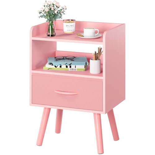 Yoobure Night Stand with Fabric Drawer, Modern Nightstand, Bedside Tables, Mid Century Nightstands with Open Storage Shelf, Wood Bedside Table, Small Night Stands for Bedrooms, 2-Tier Night Table - color: Pink