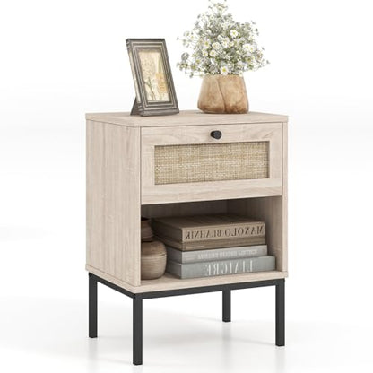 Giantex Rattan Nightstand with Drawer, Boho Side Table with 4 Metal Legs and Open Storage Shelf, Farmhouse Wood Night Stand for Small Spaces, 2 Tier Bedside Table for Bedroom Office, Oak - color: Oak