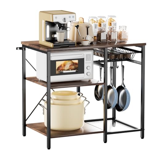 VEVOR Bakers Rack, 35.4 inch Width Microwave Stand,Kitchen Stand with X-Shaped Support Bar & 5 S-Shaped Hooks,Kitchen Storage Shelf for Dish Storage, Spice Jars, Coffee Bar Organization - size: 35.4 x 15.7 x 35.4