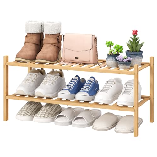 viewcare 2-Tier Bamboo Shoe Rack for Entryway, Bamboo Wood Shoe Organizer for Hallway Closet, Free Standing Shoe Racks for Indoor Outdoor - color: Natural Bamboo, size: 2-Tier