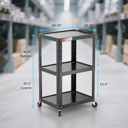 3 Shelf Metal Utility Cart with Wheels & Power Strip - Steel Mobile AV Cart for Video Projector, TV, Laptop, Computers, Printers - Height Adjustable Media Carts for Office Classroom Warehouse - style: AV Cart without Keyboard Tray (AV-JS)