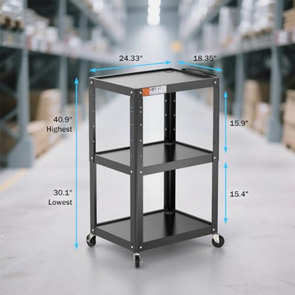 3 Shelf Metal Utility Cart with Wheels & Power Strip - Steel Mobile AV Cart for Video Projector, TV, Laptop, Computers, Printers - Height Adjustable Media Carts for Office Classroom Warehouse - style: AV Cart without Keyboard Tray (AV-JS)