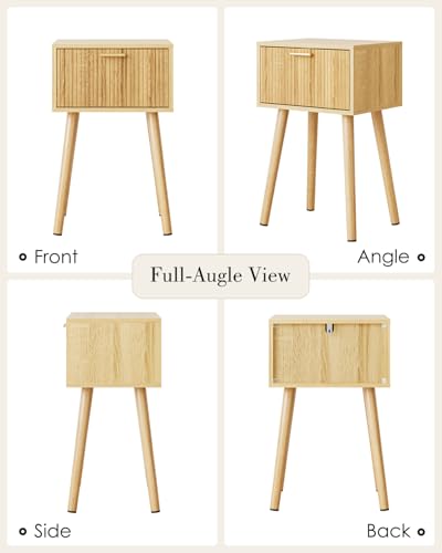 Night Stand Set 2, Oak Nightstand with Fluted Doors, Small Modern Mid-Century Bedside Table for Bedroom, End Table for Living Room - color: Oak