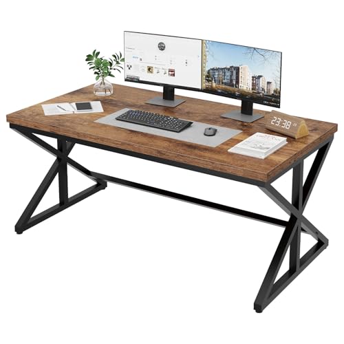55” Computer Desk, Industrial Brown Home Office Desk Rustic Brown | Wooden Metal Executive Pc Computer Desk Table, Wood Student Gaming Study Computer Table for Bedroom Living Room - color: Rustic Brown Oak, size: 55 Inch