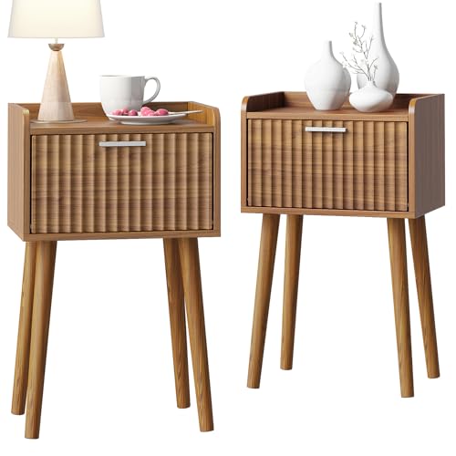LAATOOREE Small Nightstands Set of 2, Side End Table, Bedside Table with Fluted Door, Solid Wood Feet; for Bedroom, Small Bed - color: Rustic Brown, style: Fluted Style
