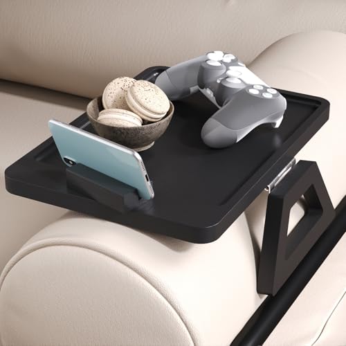 Couch Arm Tray with 360°Phone,Bamboo Folding Sofa Tray,Sofa Armrest Trays Clip-On Couch Desk for Drinks,Snacks,Phone,Remote Control（Black） - color: Black, style: 13.0" x 9.4"Phone Holder
