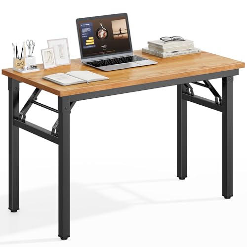 DlandHome 35.8 Inch Small Folding Computer Desk for Home Office, Teak Black | Foldable Writing Table for Small Spaces Bedroom, No Assembly Required, Wood Top Metal Frame, Collapsible Compact Easy Storage - color: Teak + Black, size: 35.8 Inches